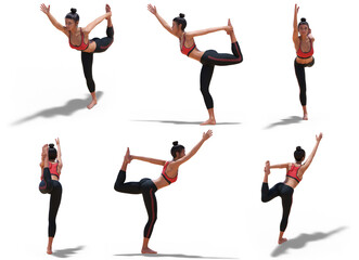 Virtual Woman in Yoga Dancer Pose with 6 angles of view on white