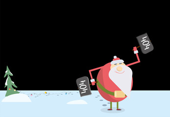 signs 404 in the hands of a merry Santa returning from a party against the backdrop of a Christmas tree with a dangling colored garland. post-holiday internet error page
