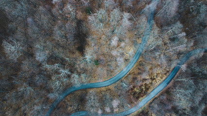 Aerial high angle view of narrow winding curvy mountain road among the trees in winter forest. Bird's eye view landscape.