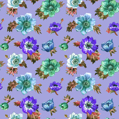 Anemone seamless pattern in blue tones based on watercolor floral illustration, print for fabric, wrapping paper, home decor.