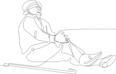 Continuous one line drawing of mature man lying on the floor in pain and holding his knee. Minimal outline concept. Vector illustration