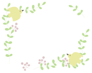 かわいい鳥と草花の手描きフレーム