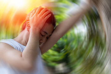 Vertigo illness concept. Man hands on his head felling headache dizzy sense of spinning dizziness,a...
