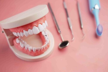  plastic dental teeth model on pink background 