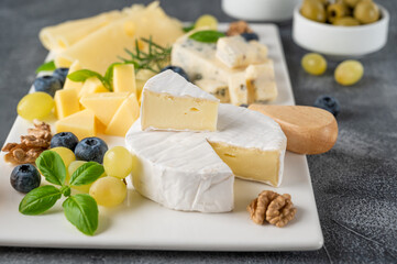 Cheese plate with a variety of cheeses, honey, grapes, nuts, olives, blueberries and fresh herbs on a concrete background. A festive snack.