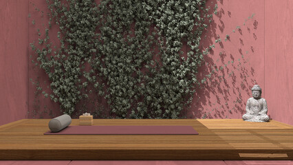 Yoga studio interior design in red tones, japanese zen style, exterior garden, concrete walls with ivy, wooden floor, mats, pillows and accessories, ready for yoga practice