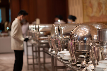 buffet food, catering food party at restaurant, mini canapes, snacks and appetizers