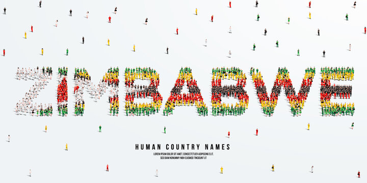 A large group of people stands, making up the word Zimbabwe. Zimbabwe flag made from people crowd. Vector illustration isolated on white background.