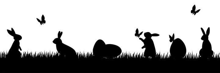 Cute Easter bunnies are playing on the grass. Butterflies fly, eggs lie in the grass. Silhouette © woodbe