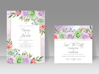 Fototapeta na wymiar Soft green and Purple Rose wedding invitation