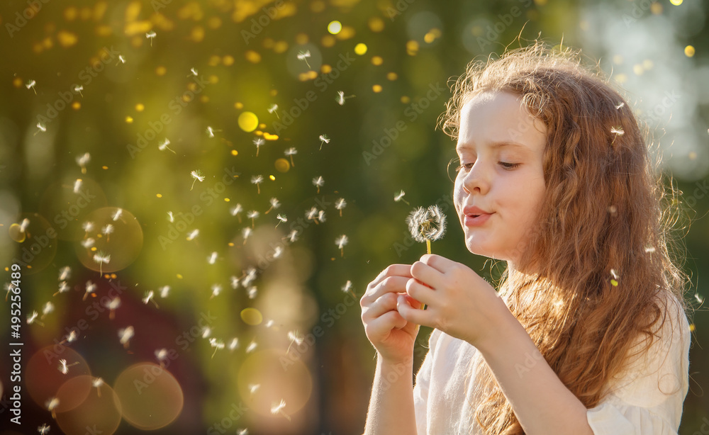 Sticker curly girl blowing dandelion