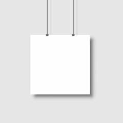 Template of white blank vector poster. Mockup hanging on the wall. Frame for paper sheet. Isolated on grey background. Vector illustration