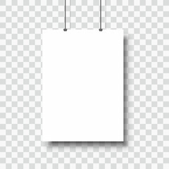 Template of white blank vector poster. Mockup hanging on the wall. Frame for paper sheet. Isolated on transparent background. Vector illustration