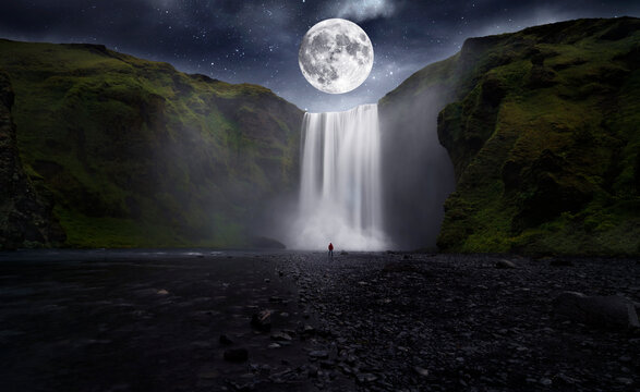 Big moon over great waterfall