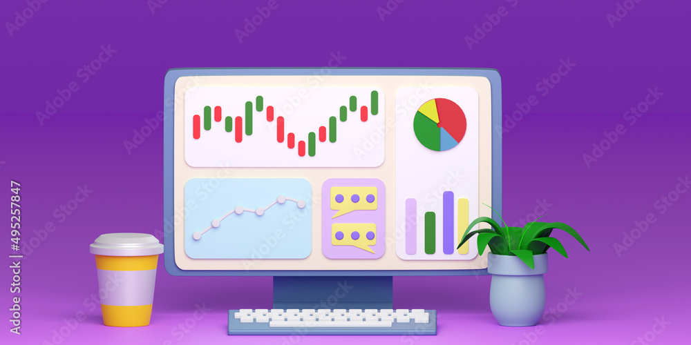 Poster trader's or analyst's desktop. workplace cartoon image. graphs and charts on monitor. workplace in o