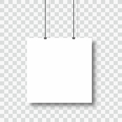 Template of white blank vector poster. Mockup hanging on the wall. Frame for paper sheet. Isolated on transparent background. Vector illustration