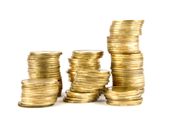 gold coin stacks isolated on a white