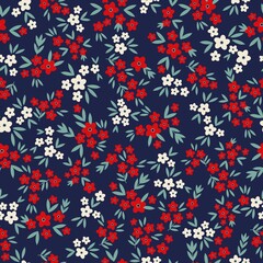 Seamless vintage pattern. Small white and red flowers.  blue background. vector texture. fashionable print for textiles, wallpaper and packaging.