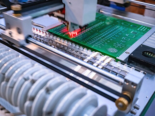 PCB Processing on CNC machine. Production of electronic components at high-tech factory. Printed circuit board production. Computer boards manufacturing. PCB on a production machine. - obrazy, fototapety, plakaty