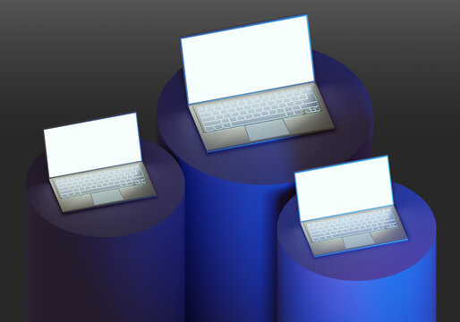 Three laptops on the catwalks. Set of Laptops with blank screen. Multiple laptops on grey background. Portable computers with glowing screens. Presentation of electronic devices. 3d image