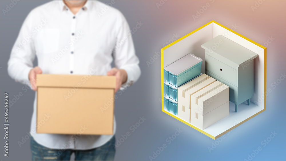Poster self-storage unit with furniture, boxes and containers. rent the storage. an unrecognizable man with