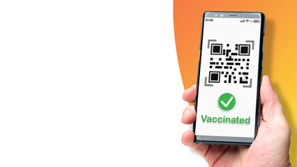 Vaccinated QR code on smartphone screen. Electronic Immunity passport with a COVID-19 vaccination stamp. Concept of vaccination and QR codes checking. Codes in coronavirus period. Health passport