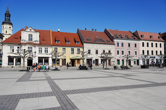 Colored buildings on main square in Pszczyna city center in Poland