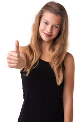 Great job. Cropped view of a pretty young teen girl giving a thumbs up.