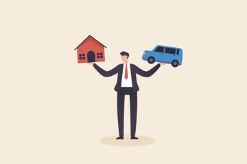 Businessman holding loan house and car. Financial and business risk, banking loan and debt risk, stability or balance of economics.