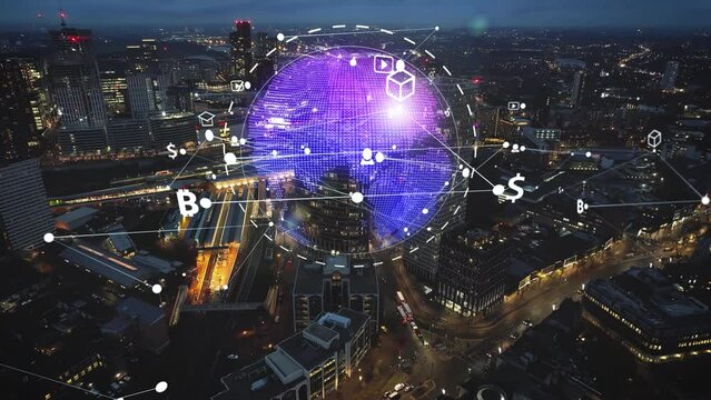 Modern wold map network sphere on a illuminated city skyline - VFX animation
