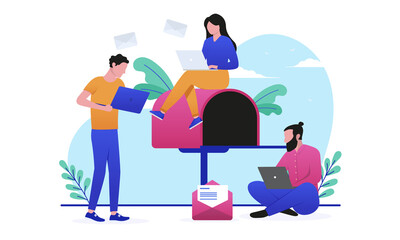 E-mail marketing - Business people in casual clothes working on corporate newsletter campaign around mailbox. Flat design vector illustration with white background