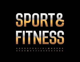 Vector modern banner Sport and Fitness. Chic metallic Font. Gold Alphabet Letters and Numbers set