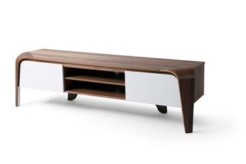 modern TV table wood on white background . corner view