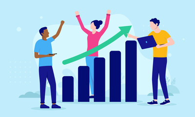 Successful entrepreneurs - Cheerful people in casual clothes standing with rising diagram chart being happy over business growth. Flat design vector illustration with blue background