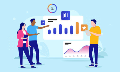 Fototapeta na wymiar Three people analysing data - Businesspeople in casual clothing looking at charts and graphs analysing business results. Flat design vector illustration with blue background