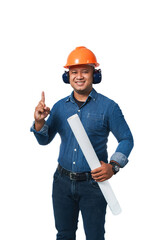 Young engineer standing holding helmet, blueprint and wearing ear muff wearing long sleeves and...