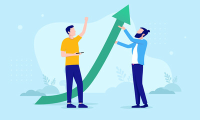 Business growth - Two businessman in casual clothing with green arrow pointing upwards to growth. Flat design vector illustration with white background