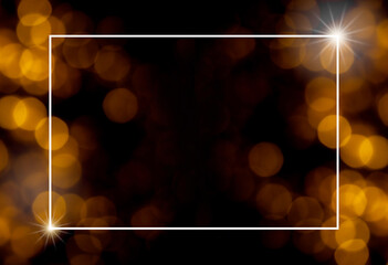 White square border frame with blank space on abstract blurred image of gold or yellow light of night party bokeh on dark background. Template on blurry festival and celebration bokeh background.