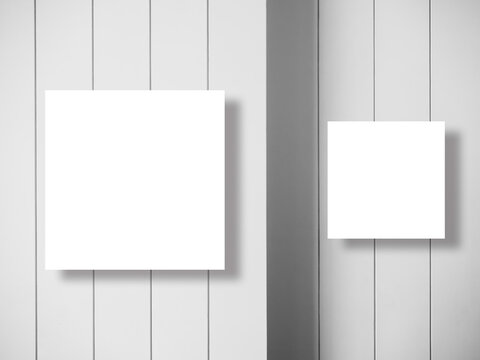 Mockup empty blank white square border frame with two size, large and small hanging on two-level plane of white wood plank, striped pattern. Mock-up poster, picture, photo frames.
