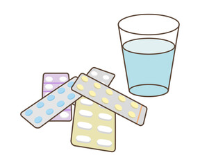 積み重なった薬とコップのイラスト