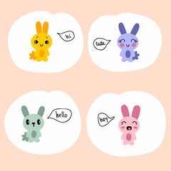 Hand drawn talking bunnies sticker set. Perfect for T-shirt, poster, textile and print. Doodle vector illustration for decor and design.