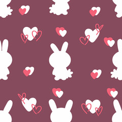Hand drawn Easter seamless pattern with bunnies silhouette and hearts. Perfect for T-shirt, textile and print. Doodle vector illustration for decor and design.