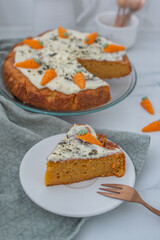 Traditional carrot cake with cream cheese frosting for Easter brunch