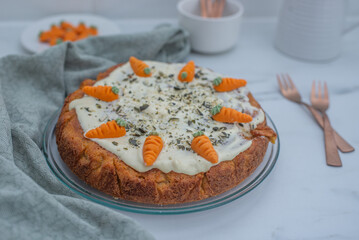 Traditional carrot cake with cream cheese frosting for Easter brunch
