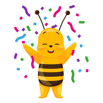 Cute bee on party isolated on white background. Smiling cartoon character happy in confetti.