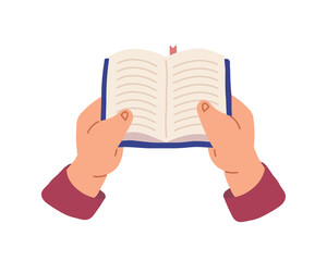 Hands holding a book in a blue cover. Vector illustration on a white background.