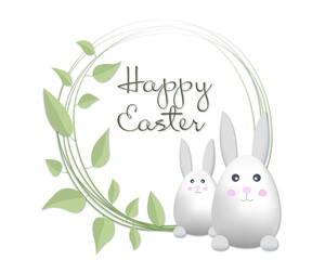 Easter greeting card. Happy Easter greetings on a white background. Below are two white rabbits. Green ornament.