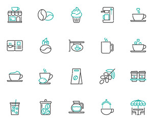 set of cafe line icons, coffee, tea, hot drinks
