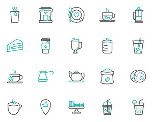 set of cafe line icons, coffee, tea, hot drinks