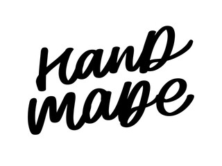 Label or logo with lettering hand made. Vector flat illustrations. Modern and stylish badge. Thin line inscription handmade, made with love, craft product on white.